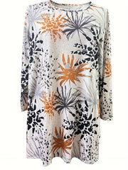  Floral Print Long Sleeve Round Neck High Stretch Dress