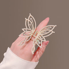 Medium Hair Claw Clip Butterfly Style Non Slip Rhinestone Pearl Decor Barrettes