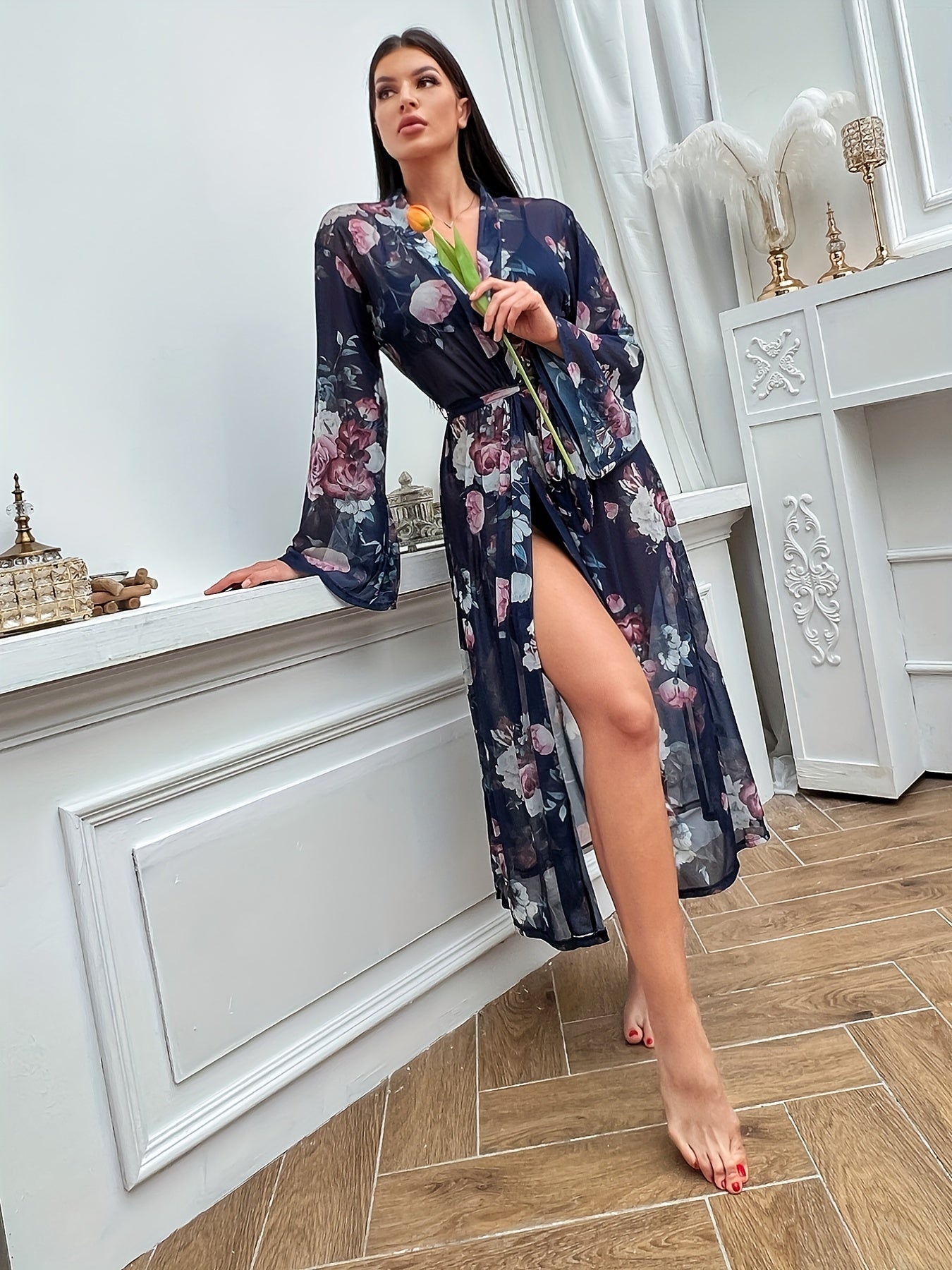 Floral Print Mesh Night Robe Long Sleeve V Neck Robe With Belt