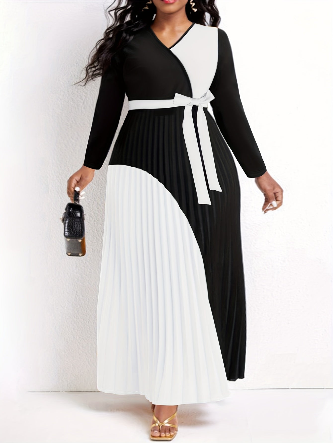 Colorblock Long Sleeve Maxi Dress With Belt