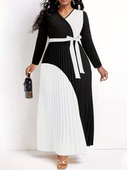  Colorblock Long Sleeve Maxi Dress With Belt