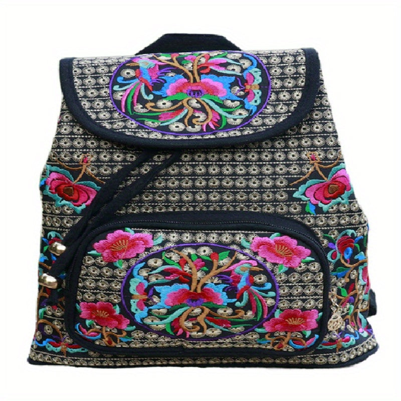 Flower Embroidered Backpack Ethnic Style Daypack Drawstring Bag