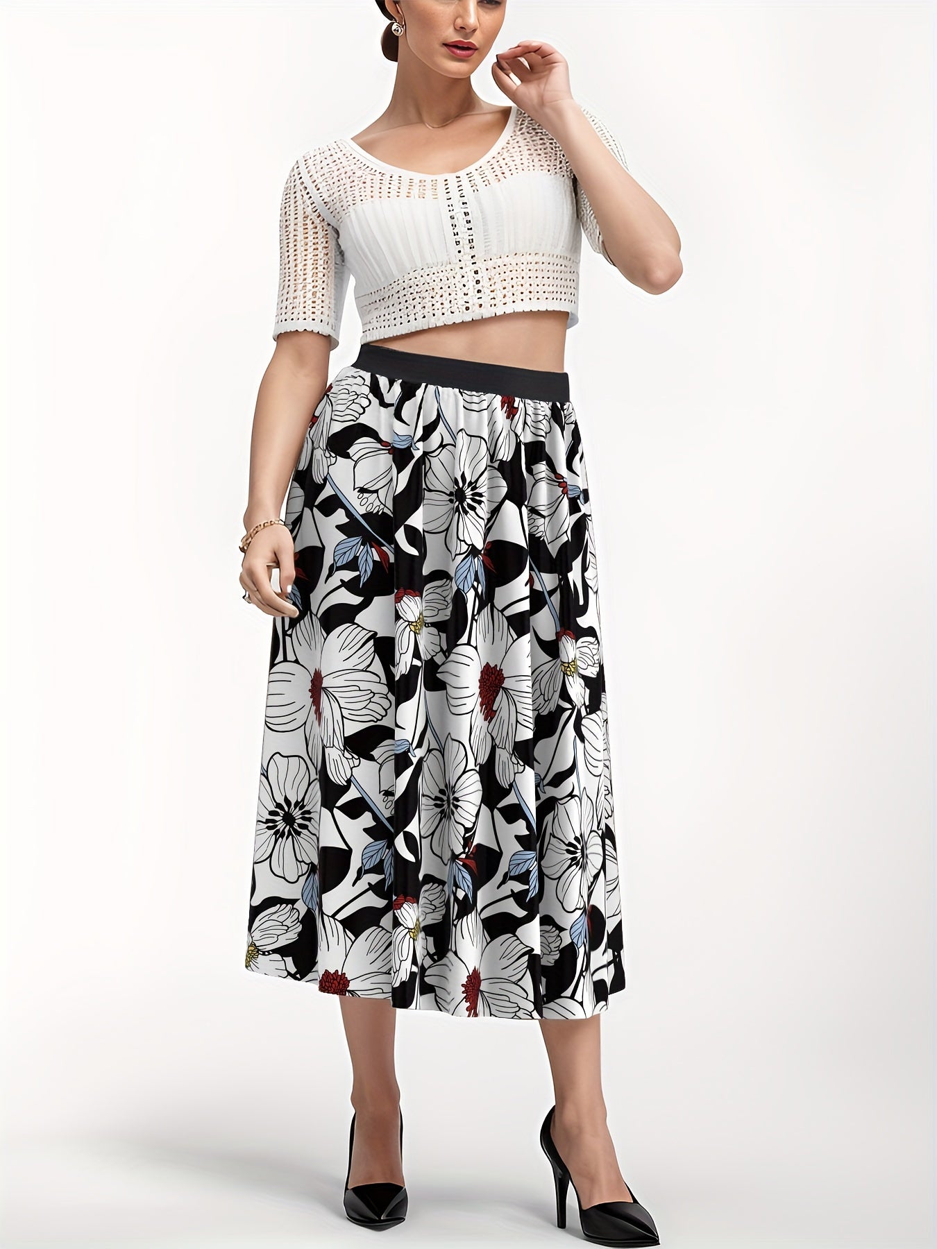 Floral Print Maxi Skirt High Rise Elastic Waist Plus Size