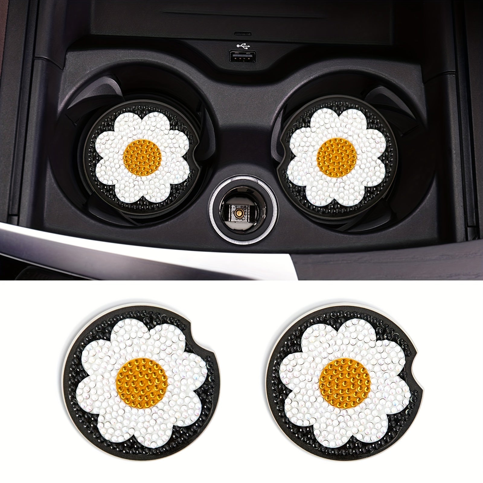Sunflower DIY Diamond Car Coasters, Set of 2