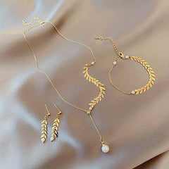 Wheat Ear Chain Necklace Bracelet Earrings Set Jewelry Gift