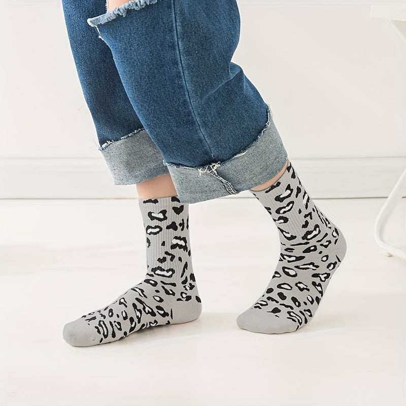 5 Pairs Leopard Print Socks Soft Mid Tube Stockings Women's Hosiery