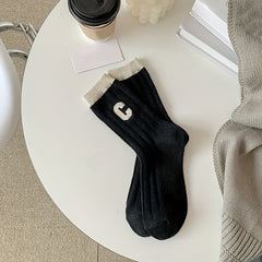 3 Pairs Letter Pattern Colorblock Socks Soft Mid Tube Women's Stockings