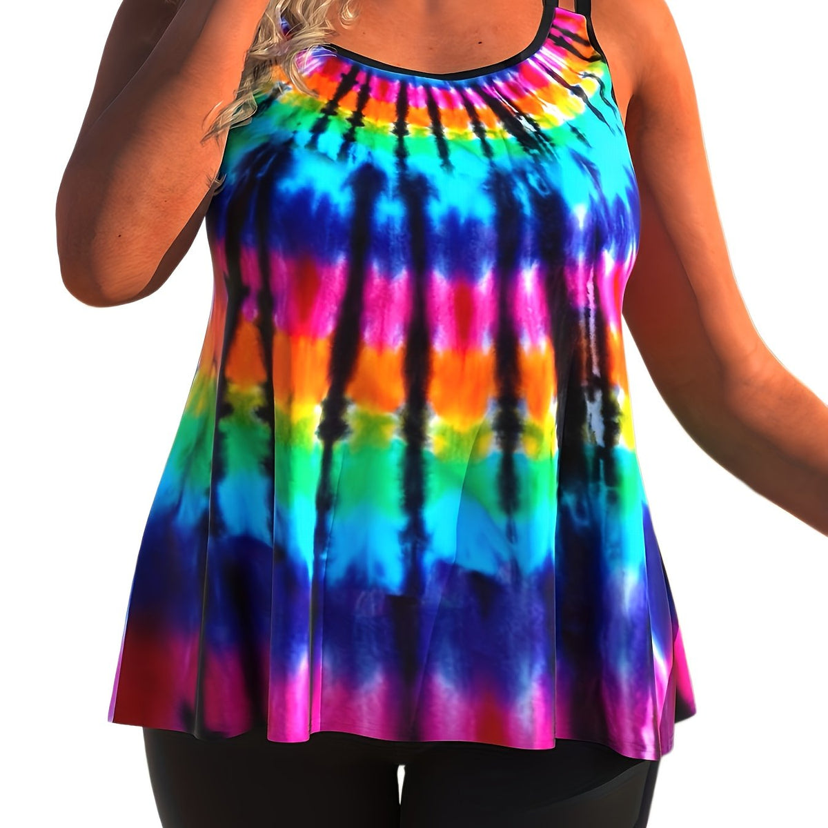  Rainbow Tie Dye Tankini Set Women's Cami Top & Shorts Swimsuit