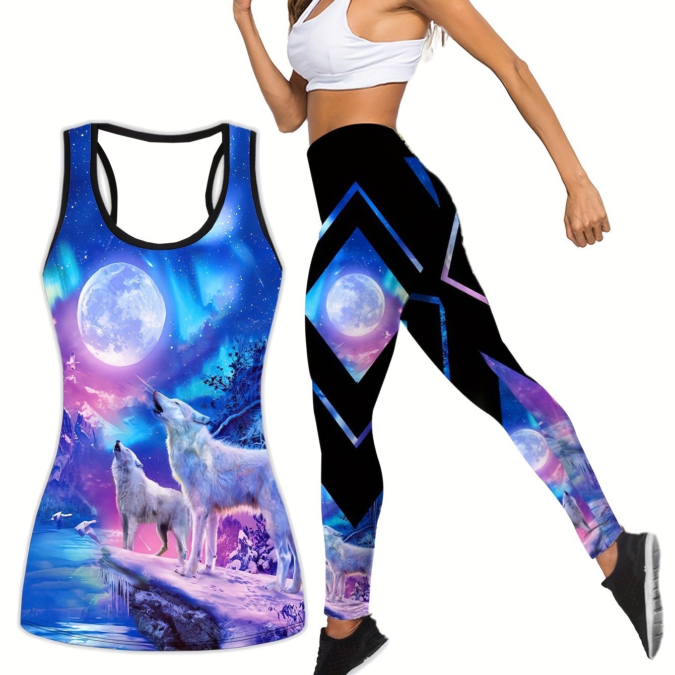  Sports Outfits Set Women's Plus Panting Print Racer Back Tank & Leggin