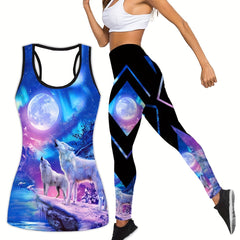  Sports Outfits Set Women's Plus Panting Print Racer Back Tank & Leggin