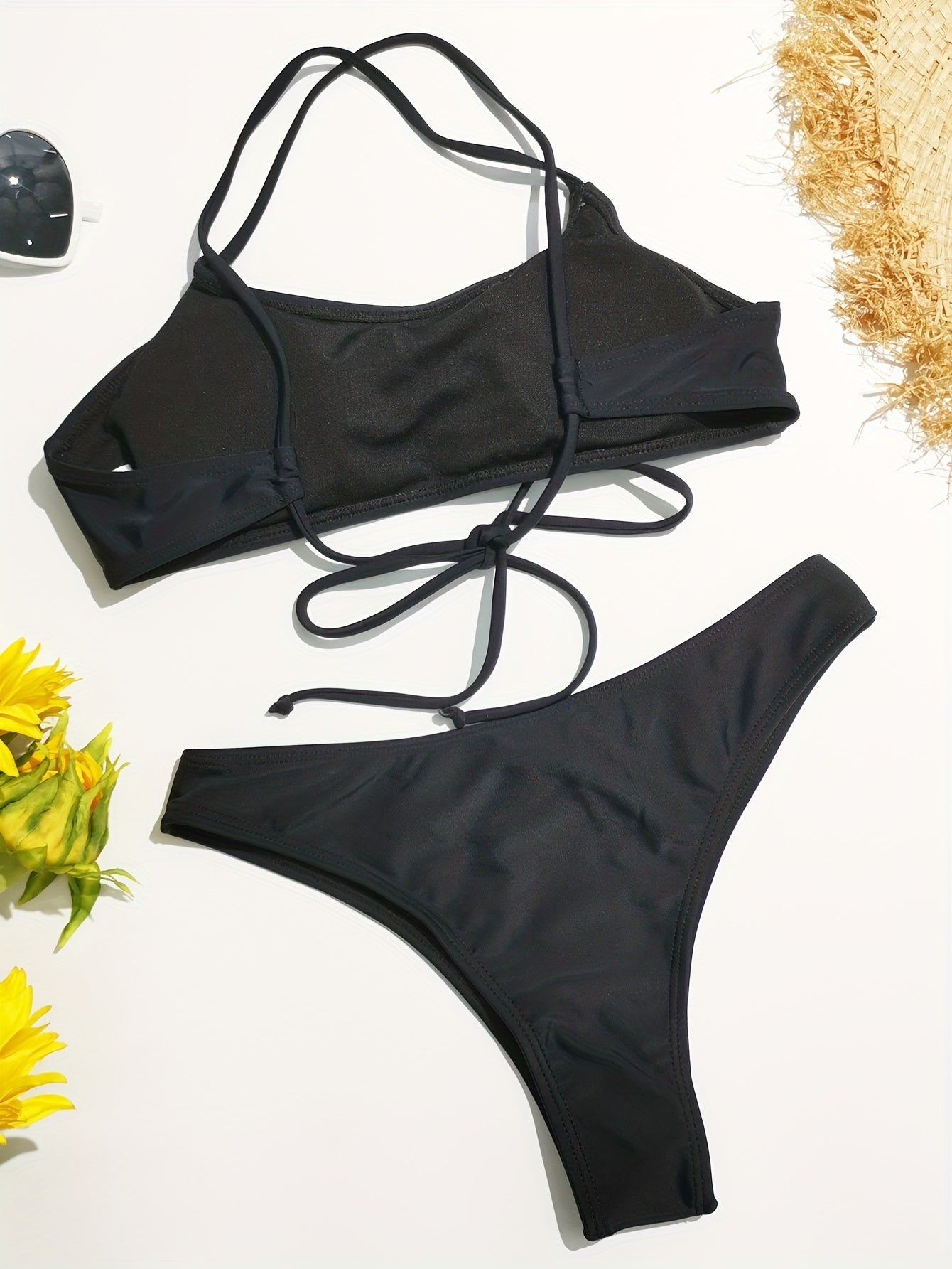 Criss Cross Strappy Back High Cut Black Bikini Set
