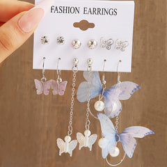6 Pairs Butterfly Pearl Earrings Set