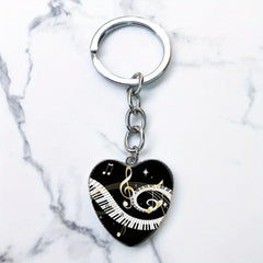 Piano Keys Music Notes Key Chain Heart Shaped Glass Gem Pendant Keyring