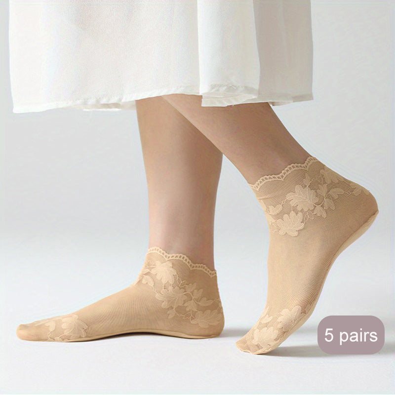 5 Pairs Floral Lace Short Socks Women's Stockings