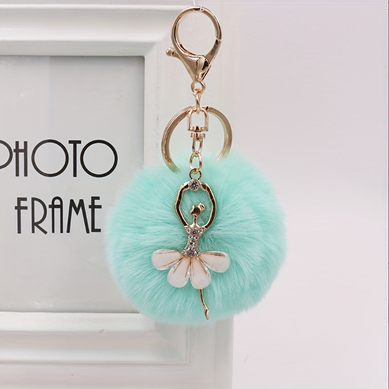 Ballet Girl Pom Pom Keychain Rhinestone Bag Accessory Car Pendant