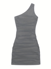Y2K Solid One Shoulder Dress Bodycon Ruched Sleeveless Dress