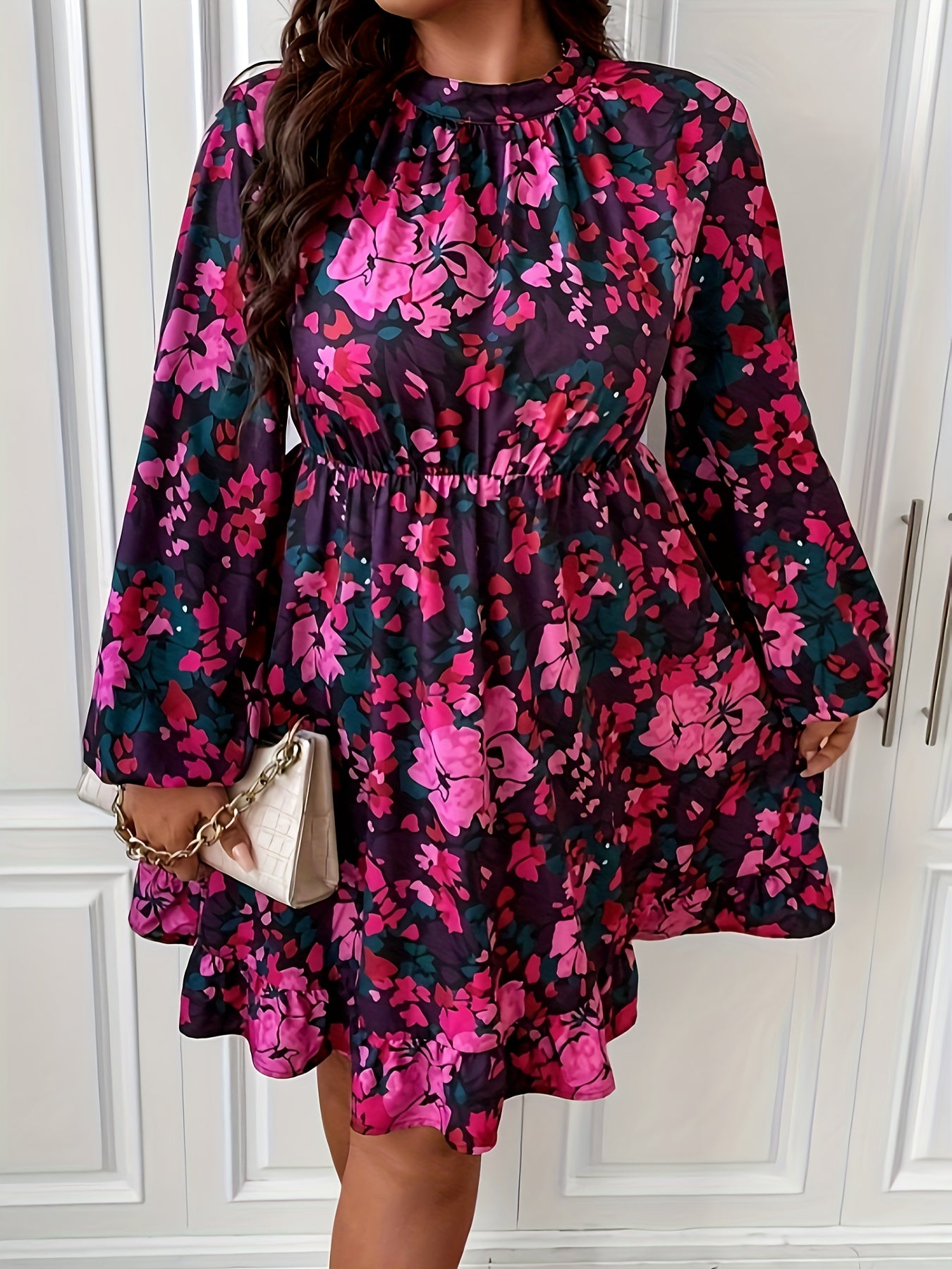  Floral Print Lantern Sleeve Smock Dress