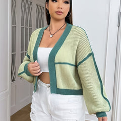  Colorblock Lantern Sleeve Cardigan