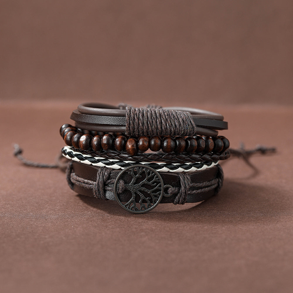 4pcs Set Men's Braided Leather Bracelets Vintage Tree Rudder Charm Brown