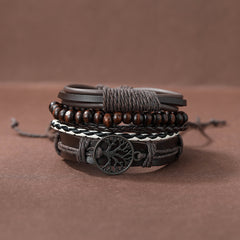 4pcs Set Men's Braided Leather Bracelets Vintage Tree Rudder Charm Brown
