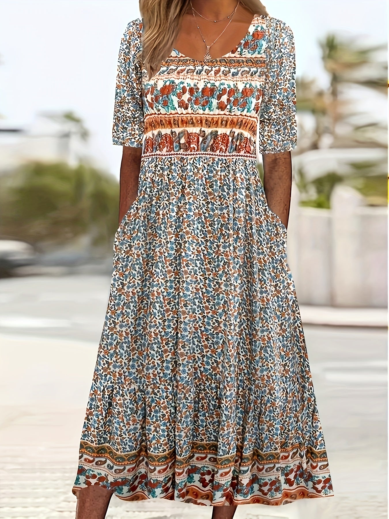  Boho Dress Colorblock Floral Print Maxi Dress With Pockets