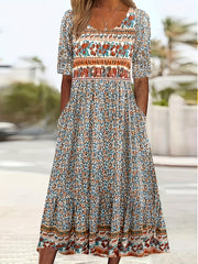  Boho Dress Colorblock Floral Print Maxi Dress With Pockets
