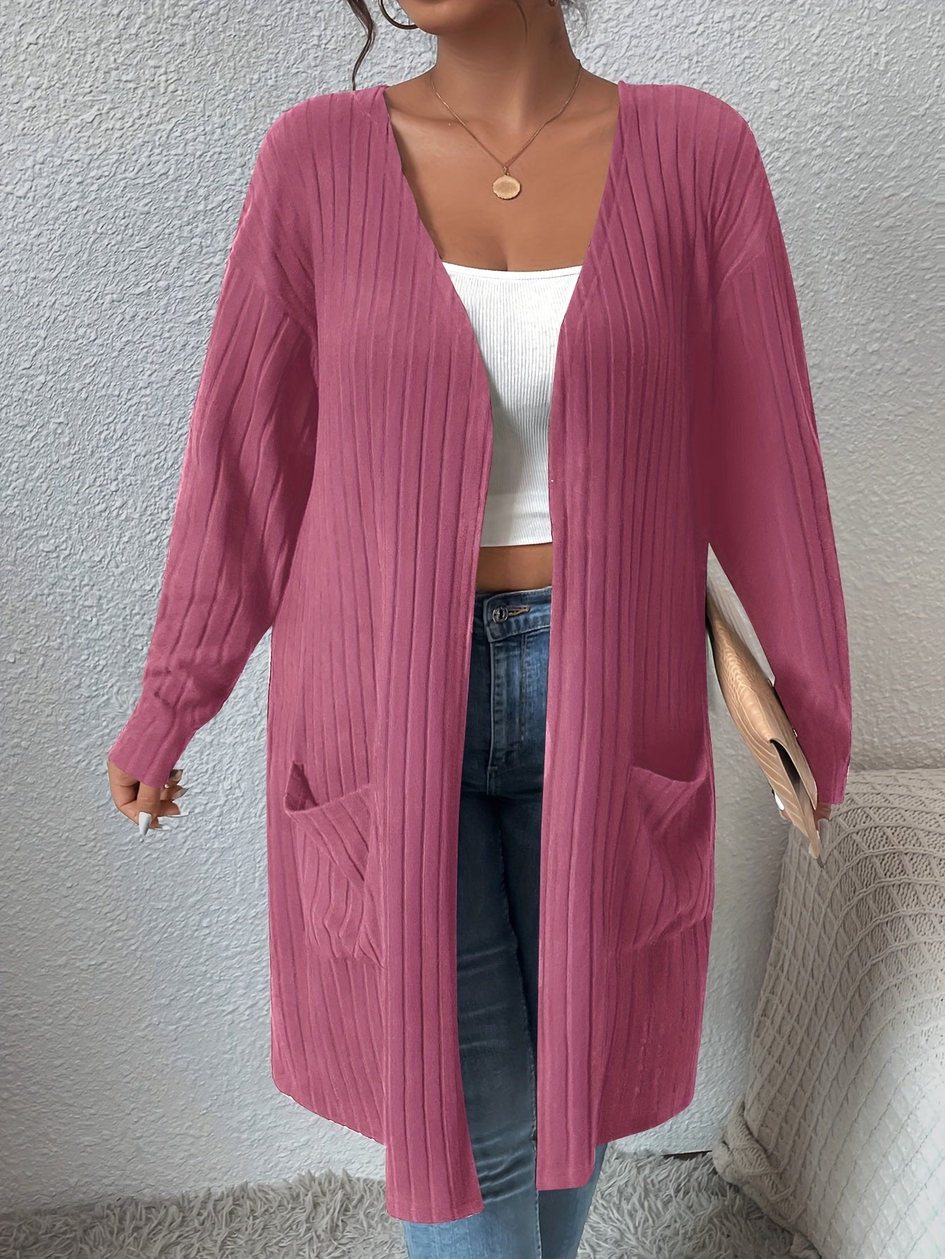  Solid Ribbed Open Front Cardigan With Pockets