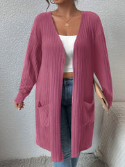  Solid Ribbed Open Front Cardigan With Pockets