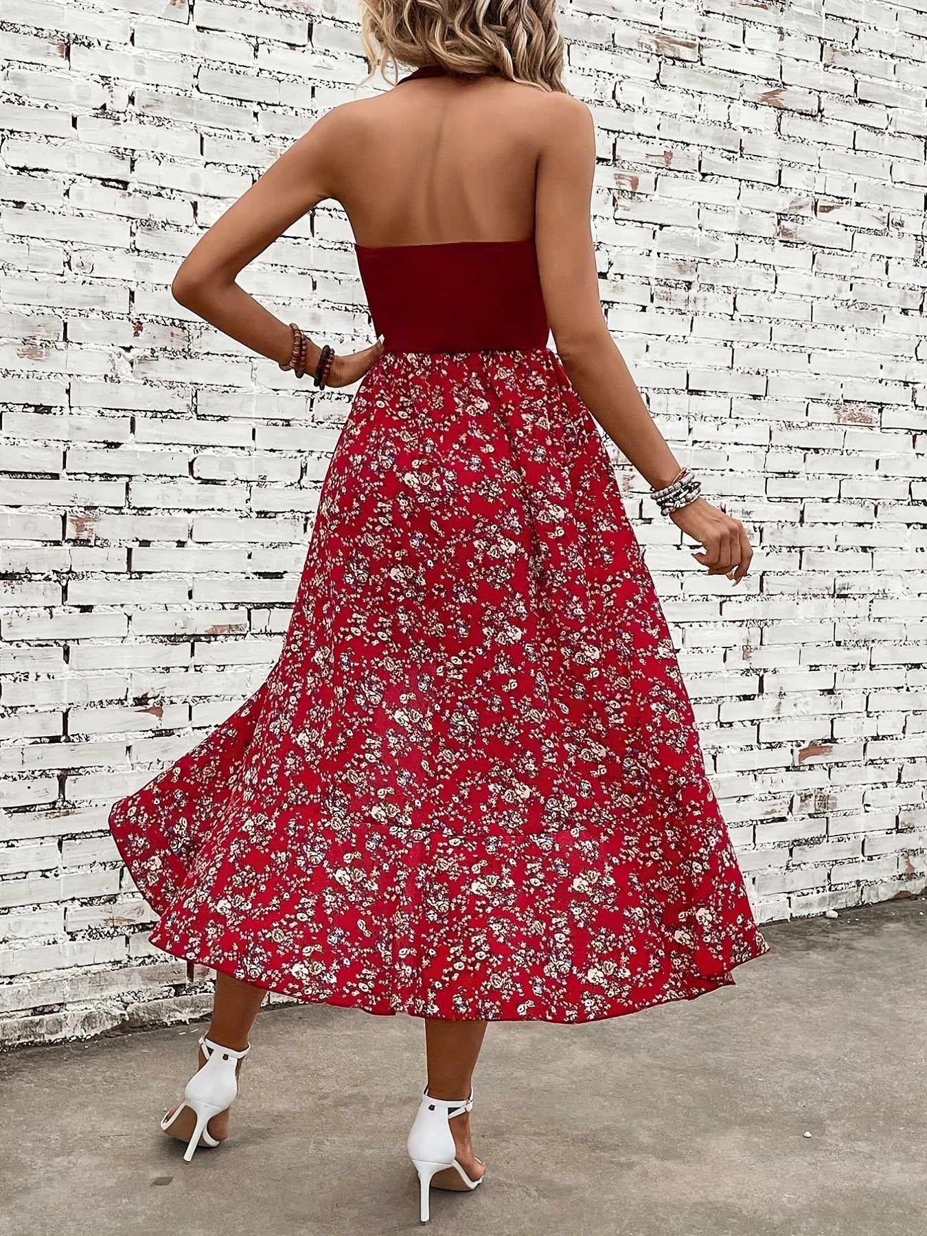 Floral Print Halter Neck Dress Sexy Backless Halter Dress Spring Summer