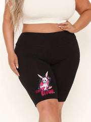  Rabbit & Letter Print High Rise Biker Shorts