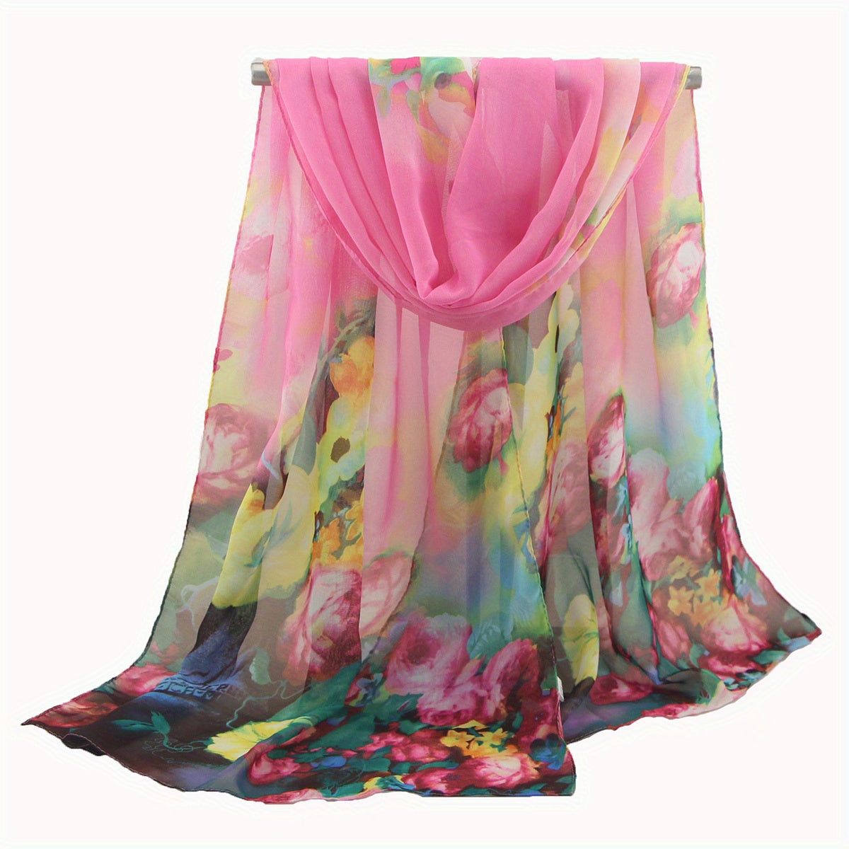 Flower Print Chiffon Scarf Gradient Shawl Thin Boho Hijab Sunscreen Head Wrap