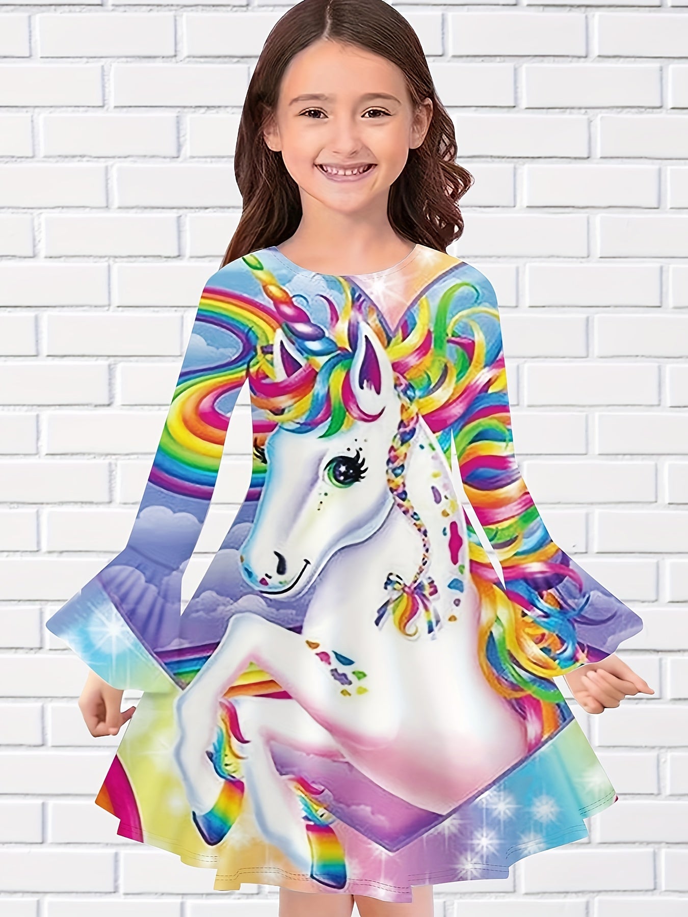 Lovely Unicorn Rainbow Print Long Sleeve Dress for Girls