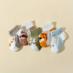 5 Pairs Boys Animal Print Crew Socks Comfortable Kids Sport Socks