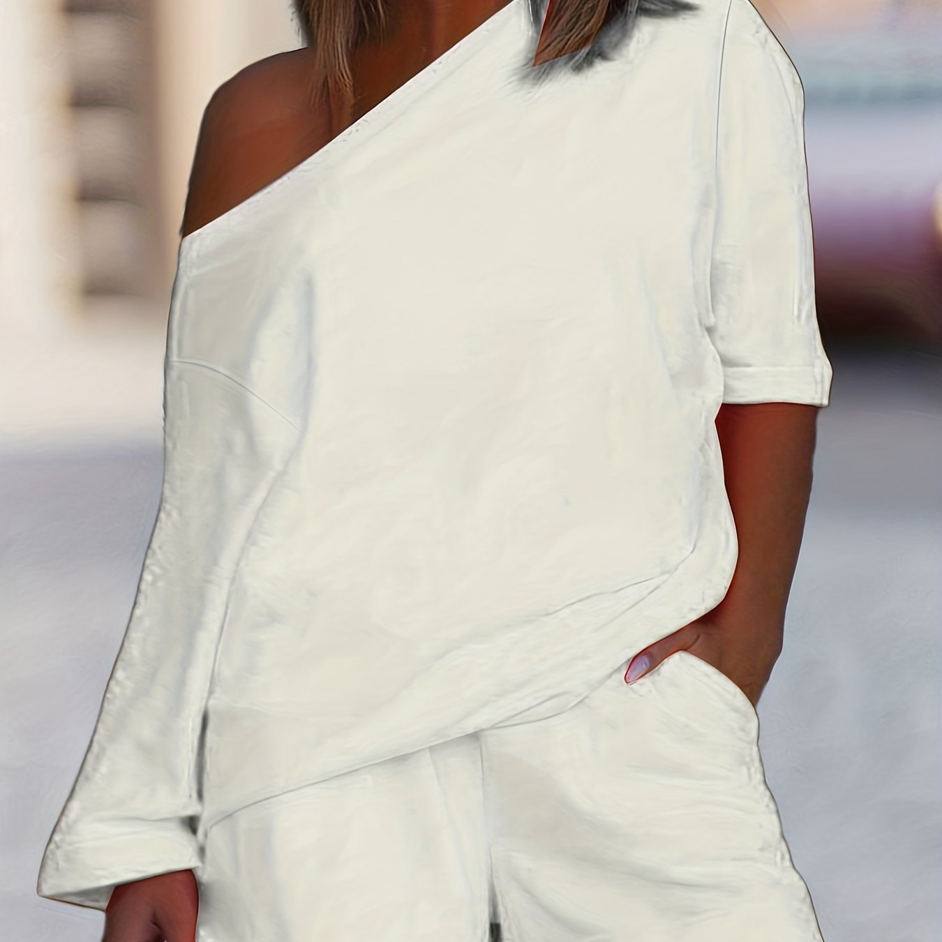 Women's Plus Solid One Shoulder Tee & Shorts Outfit Set
