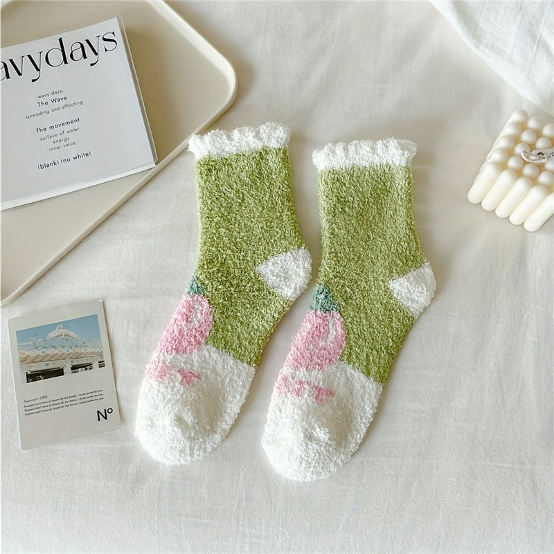 6 Pairs Heart & Stripe Pattern Plush Socks Soft Mid Tube Women's Stockings
