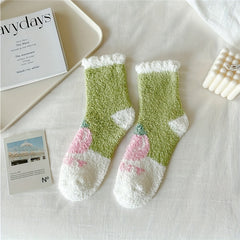 6 Pairs Heart & Stripe Pattern Plush Socks Soft Mid Tube Women's Stockings