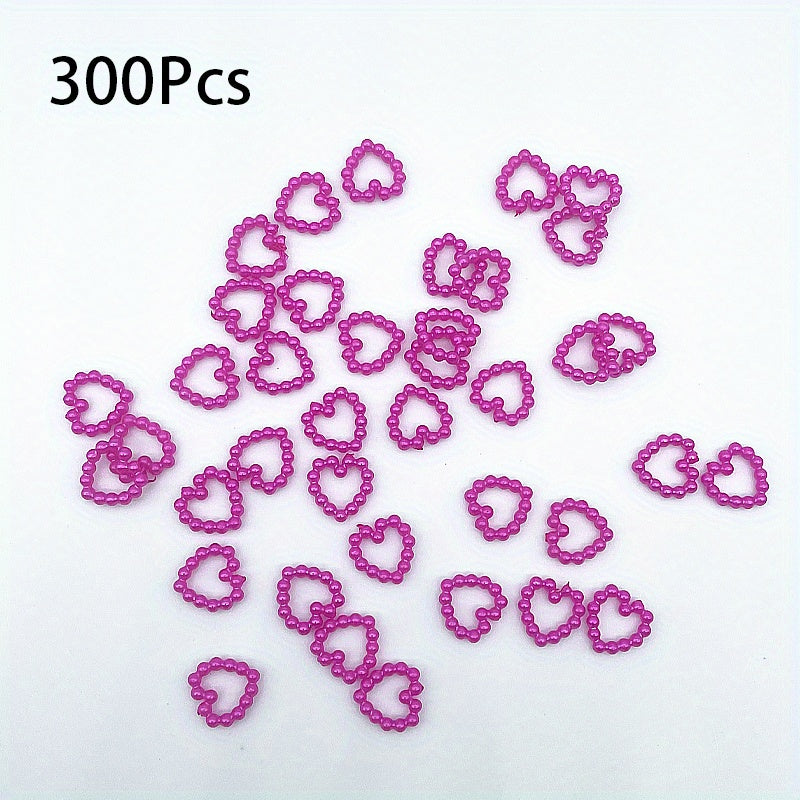 300Pcs Colorful Hollow Pearly Heart Pearl Nail Charm Acrylic Heart Decoration