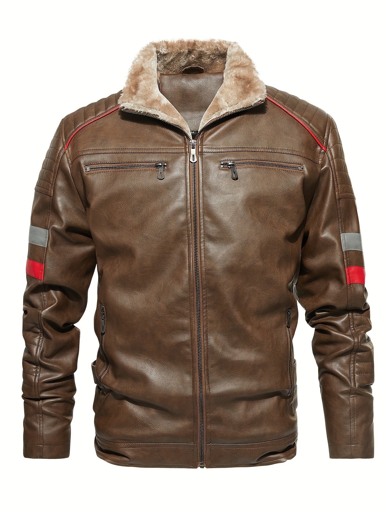 Men's Casual Fleece PU Leather Jacket Stand Collar Biker Jacket