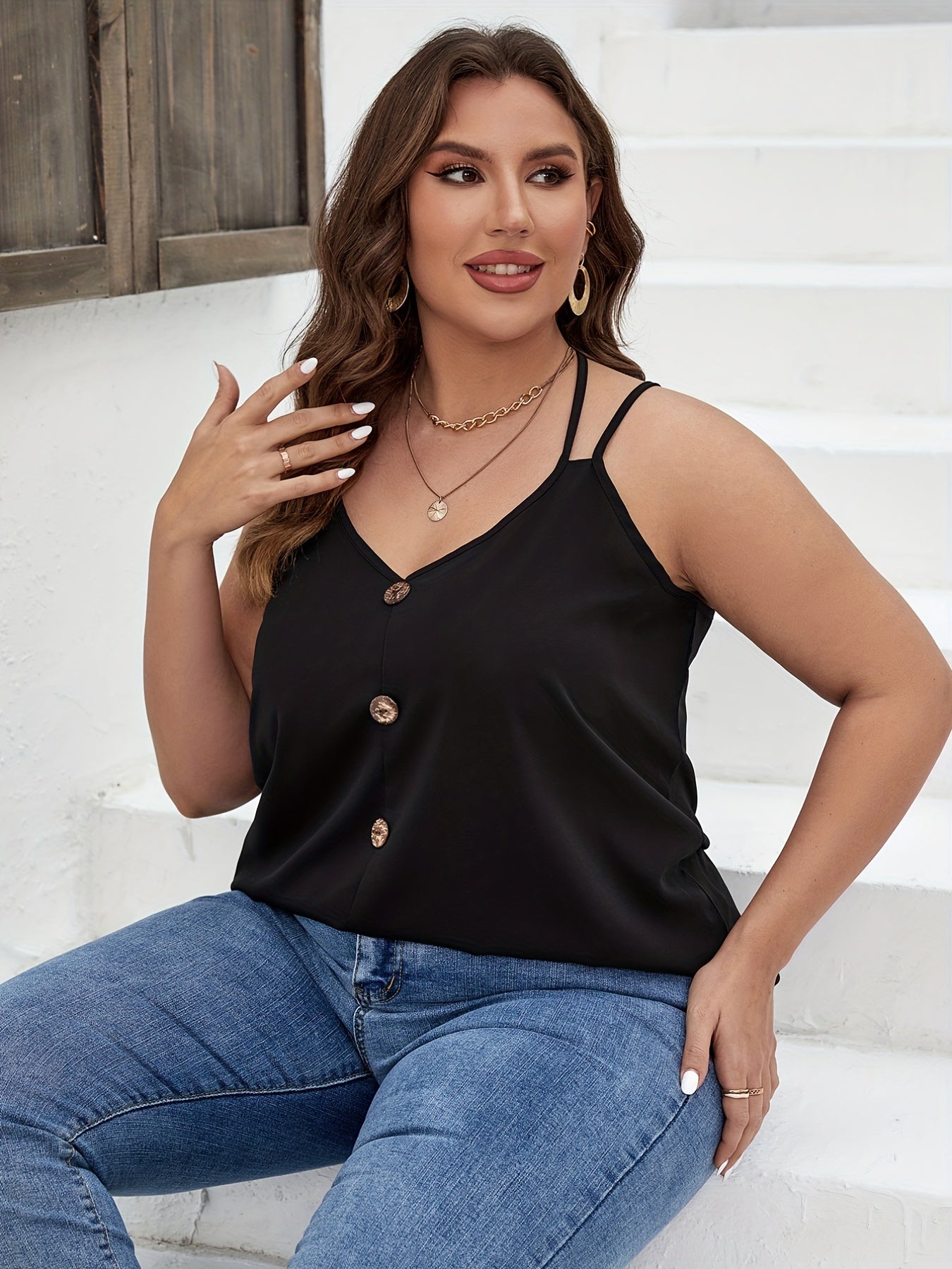 Halter Neck Cami Top Solid Button Decor