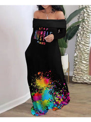 Off Shoulder Letter Print Dress Casual Long Sleeve Dress