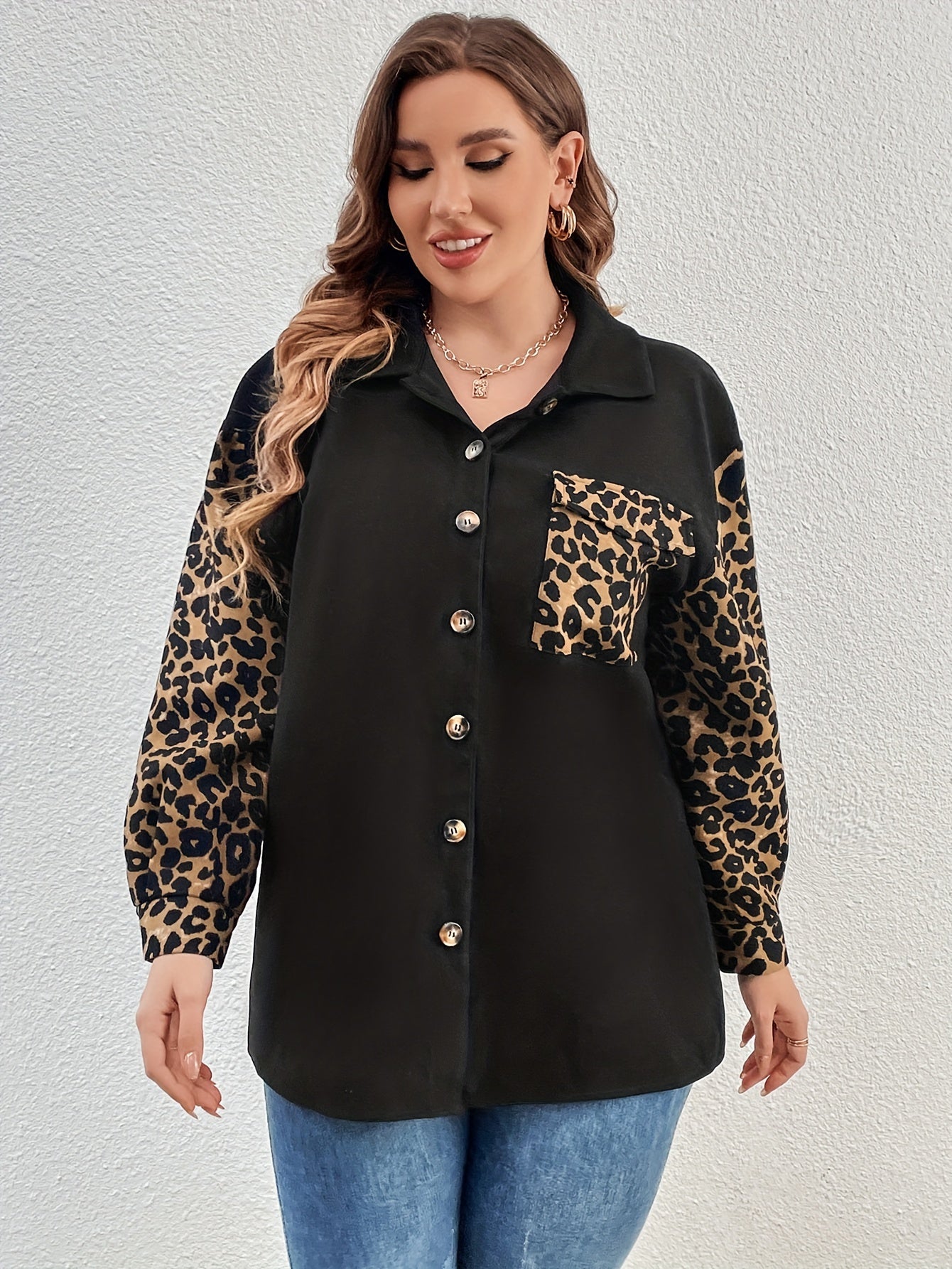 Colorblock Leopard Print Long Sleeve Blouse