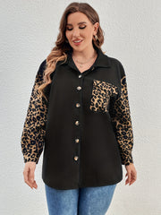  Colorblock Leopard Print Long Sleeve Blouse