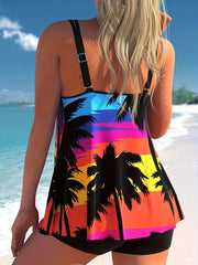  Tropical Print Tankini Set Scoop Neck Cami Top & Shorts Swimsuit