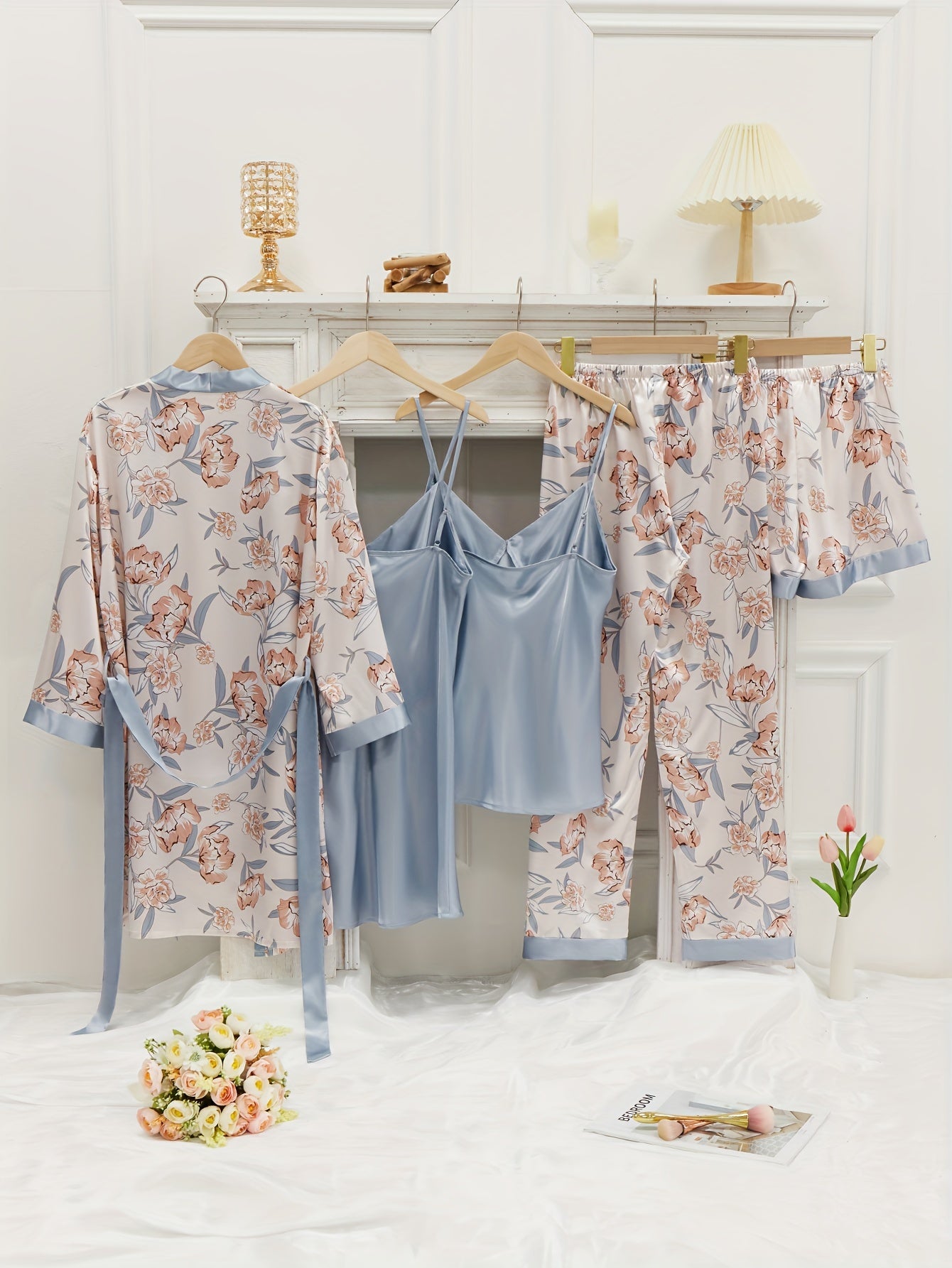 Floral Print Pajama Set: Robe, V Neck Top, Dress, Shorts