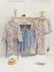 Floral Print Pajama Set: Robe, V Neck Top, Dress, Shorts