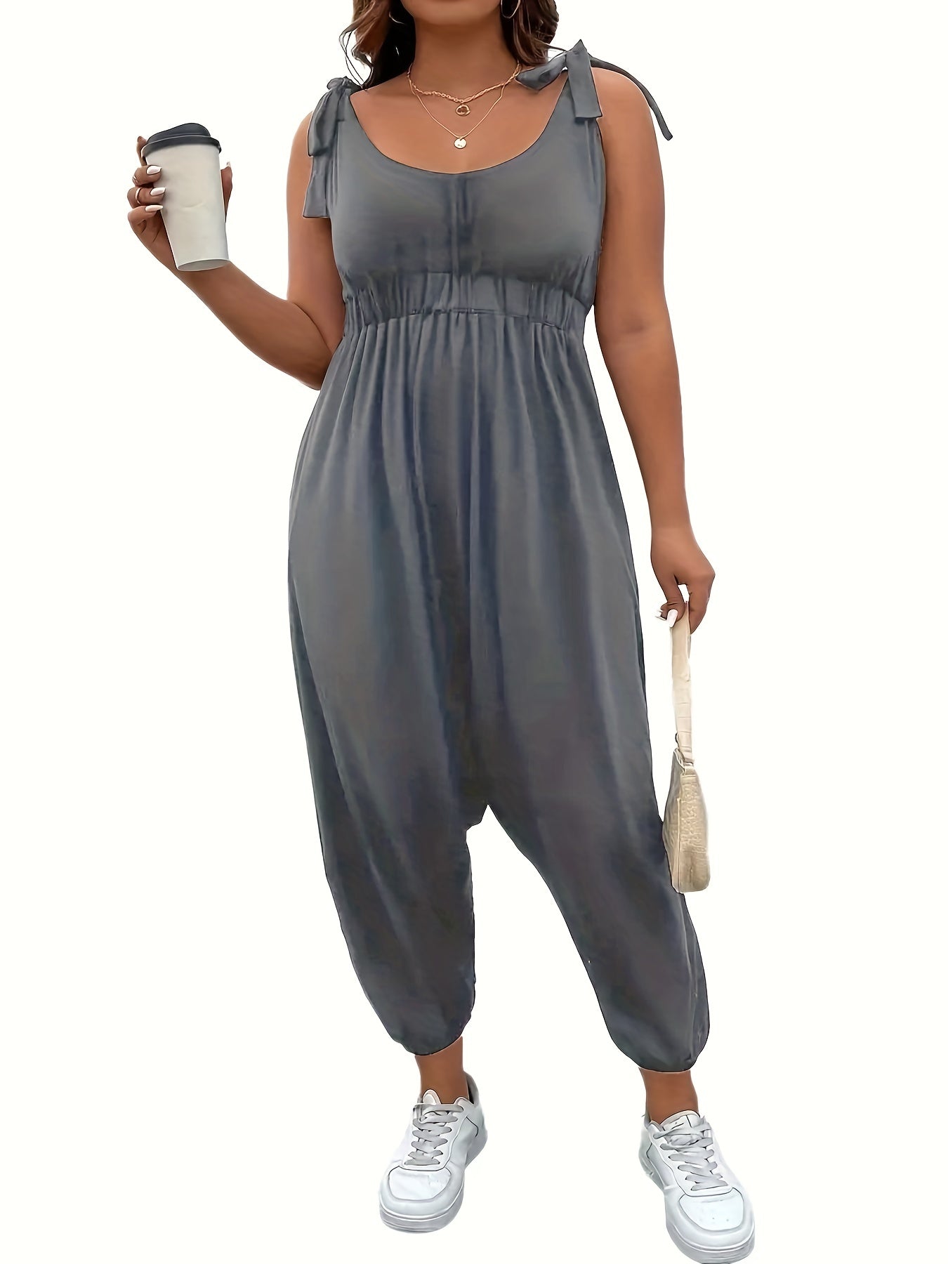  Casual Tank Jumpsuit Women's Plus Plain Tie Shoulder