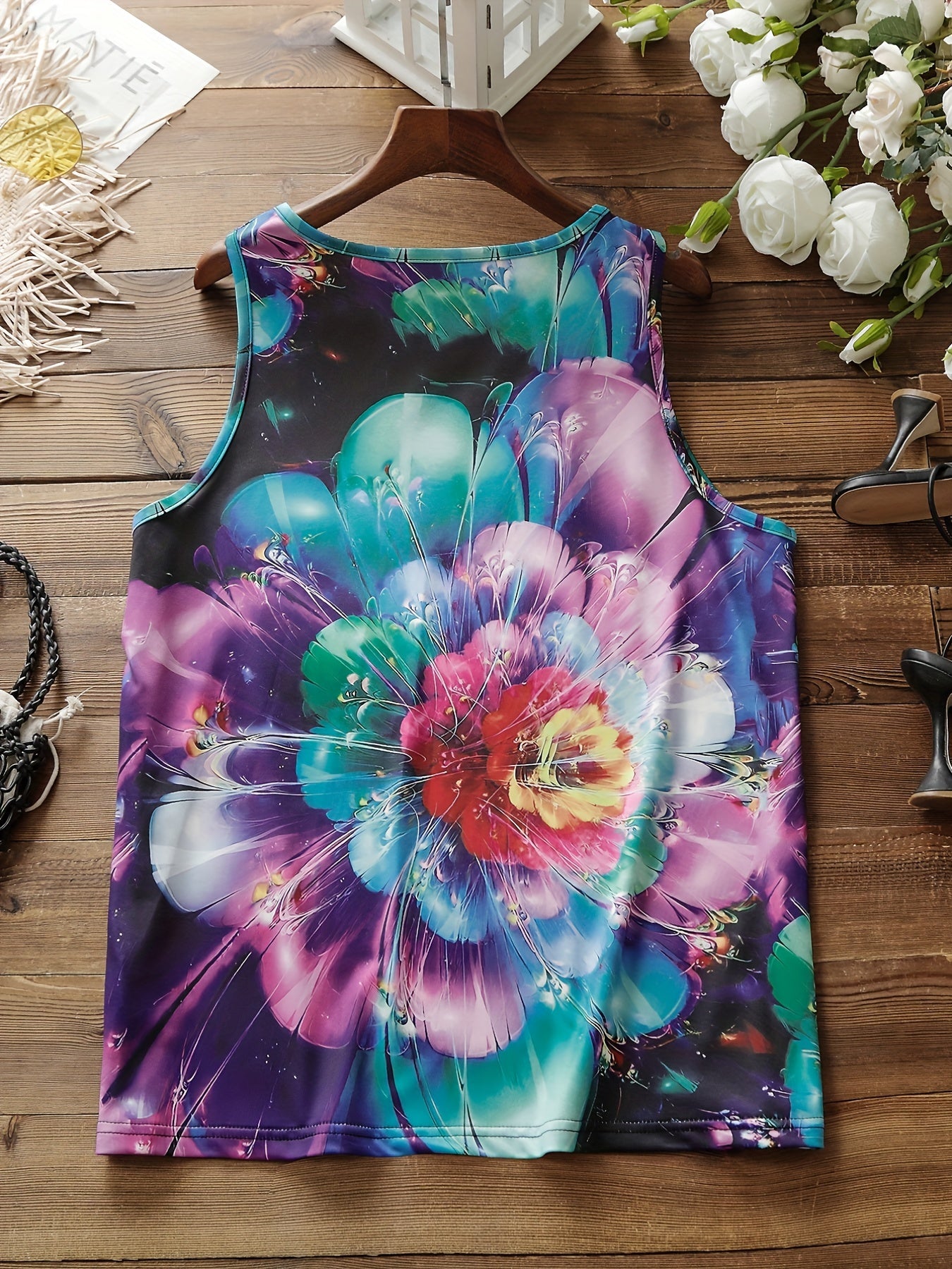  Floral Print Round Neck Tank Top
