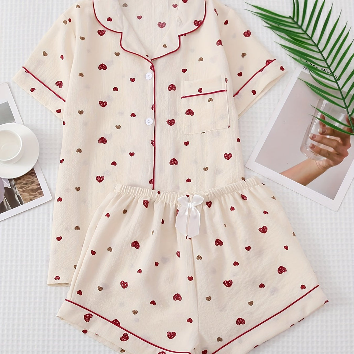Heart Print Pajama Set Top & Shorts Elastic Waistband Women's Sleepwear