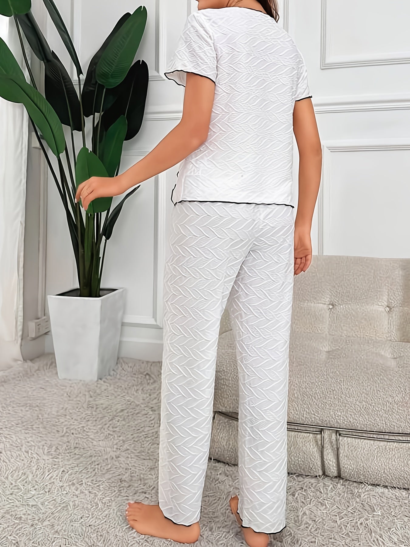 Colorblock Trim Pajama Set Short Sleeve Crew Neck Top & Elastic Waistband Pants