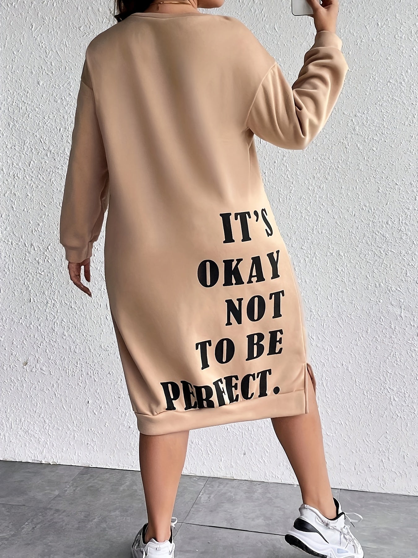  Women's Slogan Print Long Sleeve Sweatshirt Dress